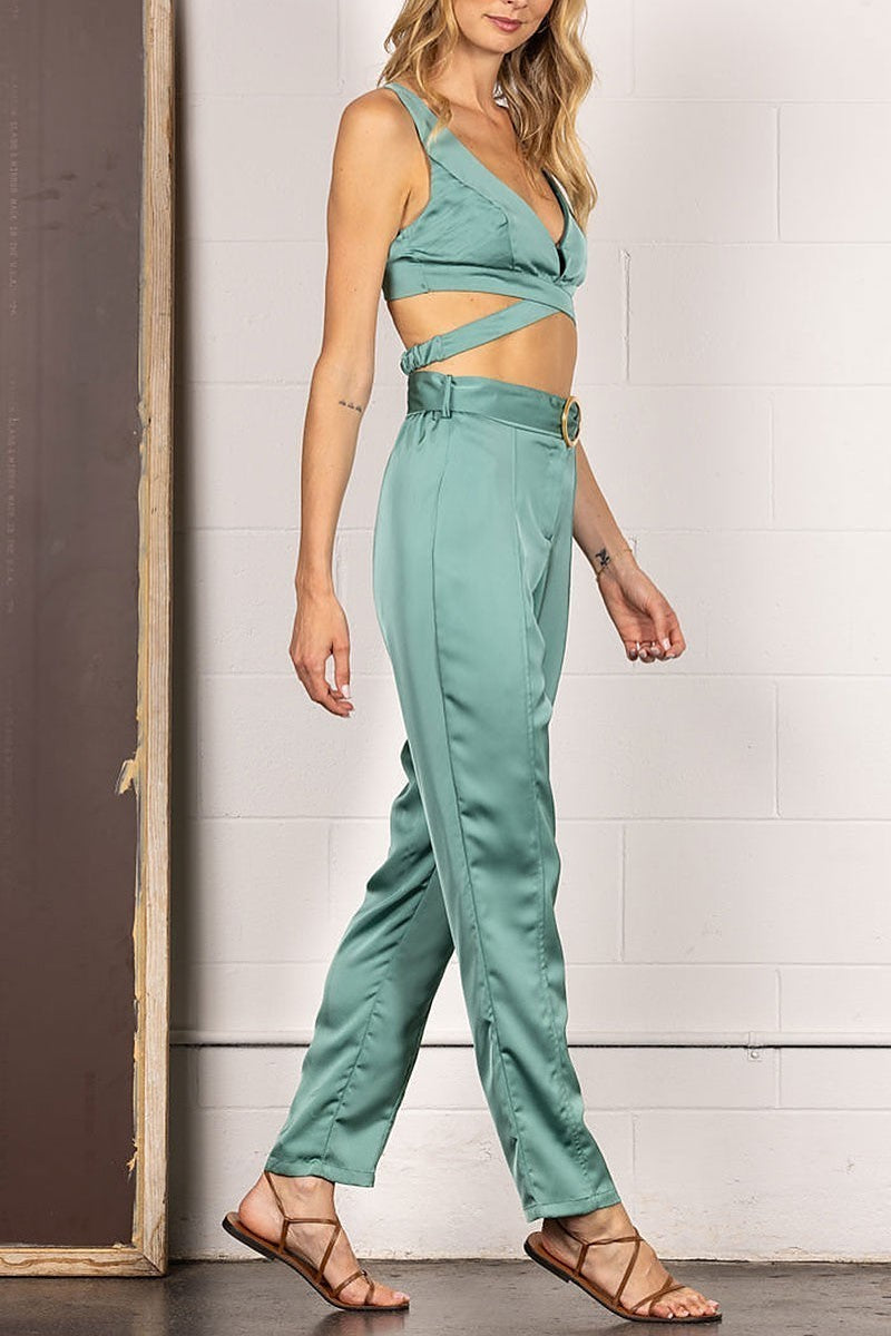 Solid waist flare crop top and pants set (EDSW4272)