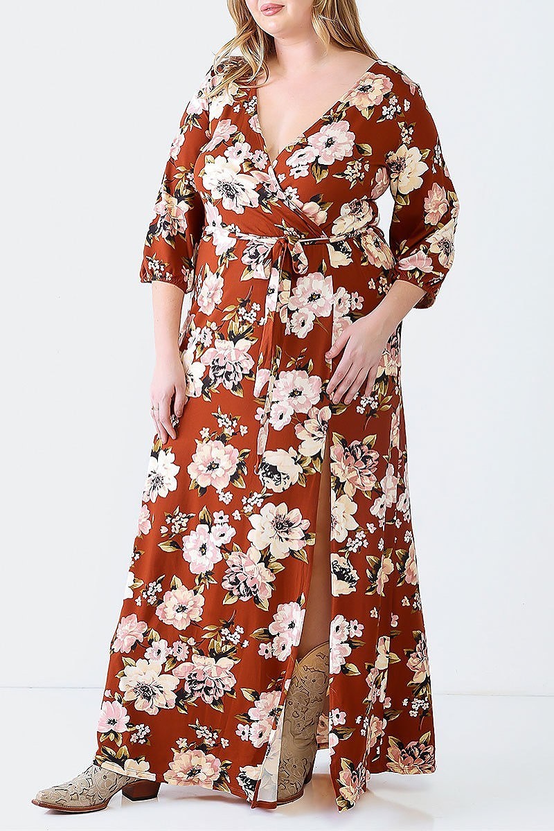 Waist tie wrap front floral print maxi dress (TED1612)