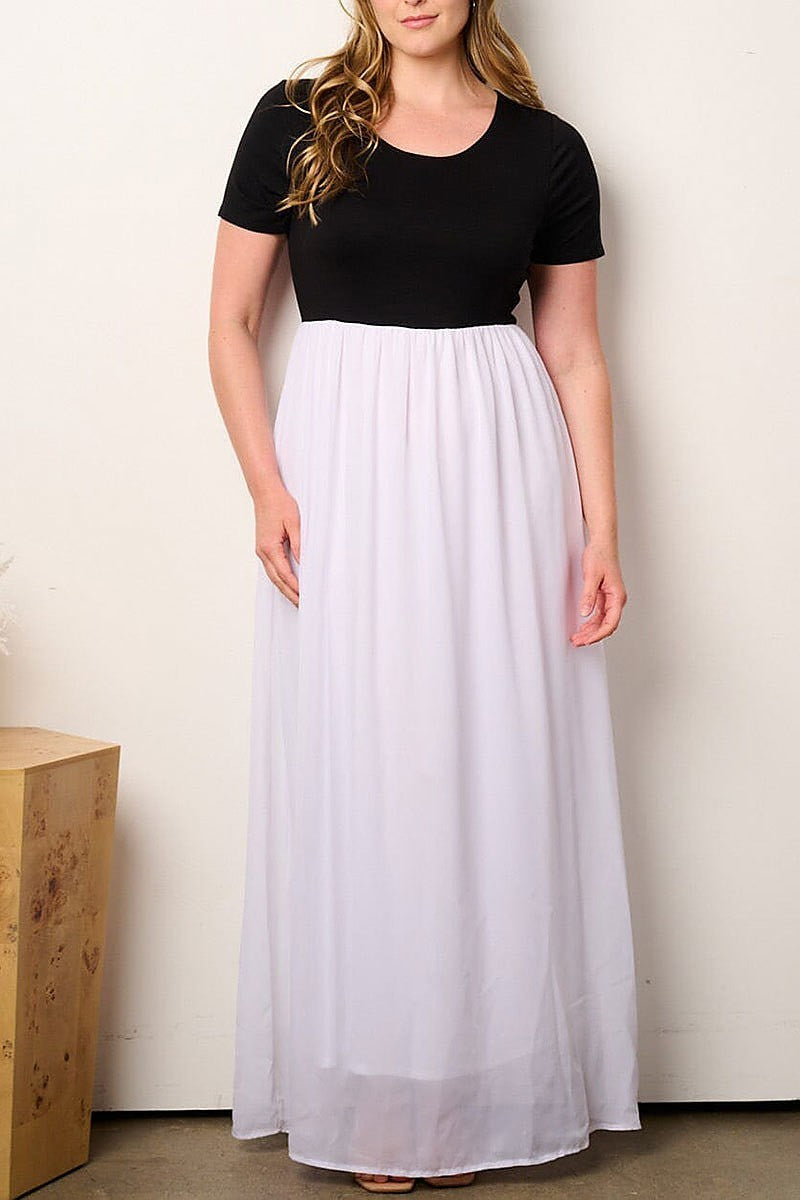 Short sleeve elastic waist colorblock maxi dress (EFWT9120)