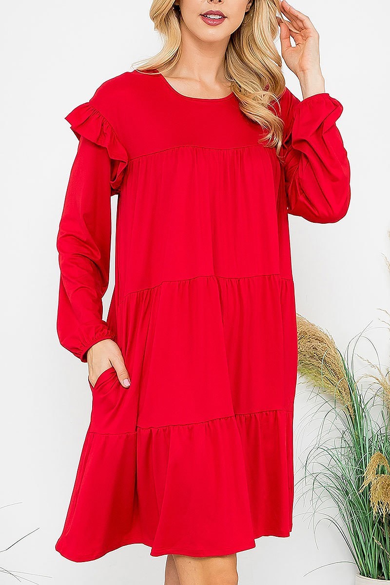 Long sleeve ruffle detail solid dress (DED8851)