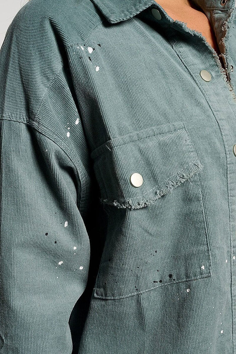 Button closure paint splatter corduroy top (EGWT1258)