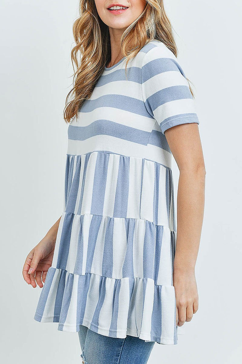 Stripes layered ruffle hem top (ED9504)