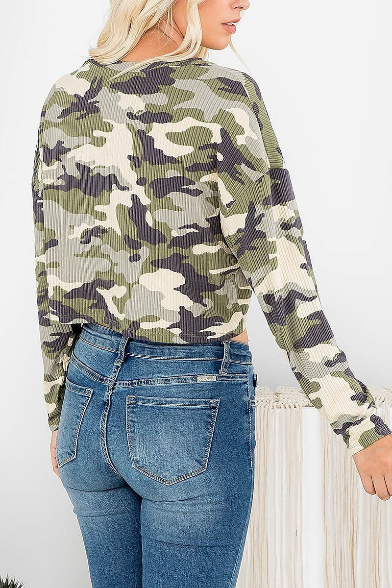 Ribbed camo print waist tie crop top (EF2126)