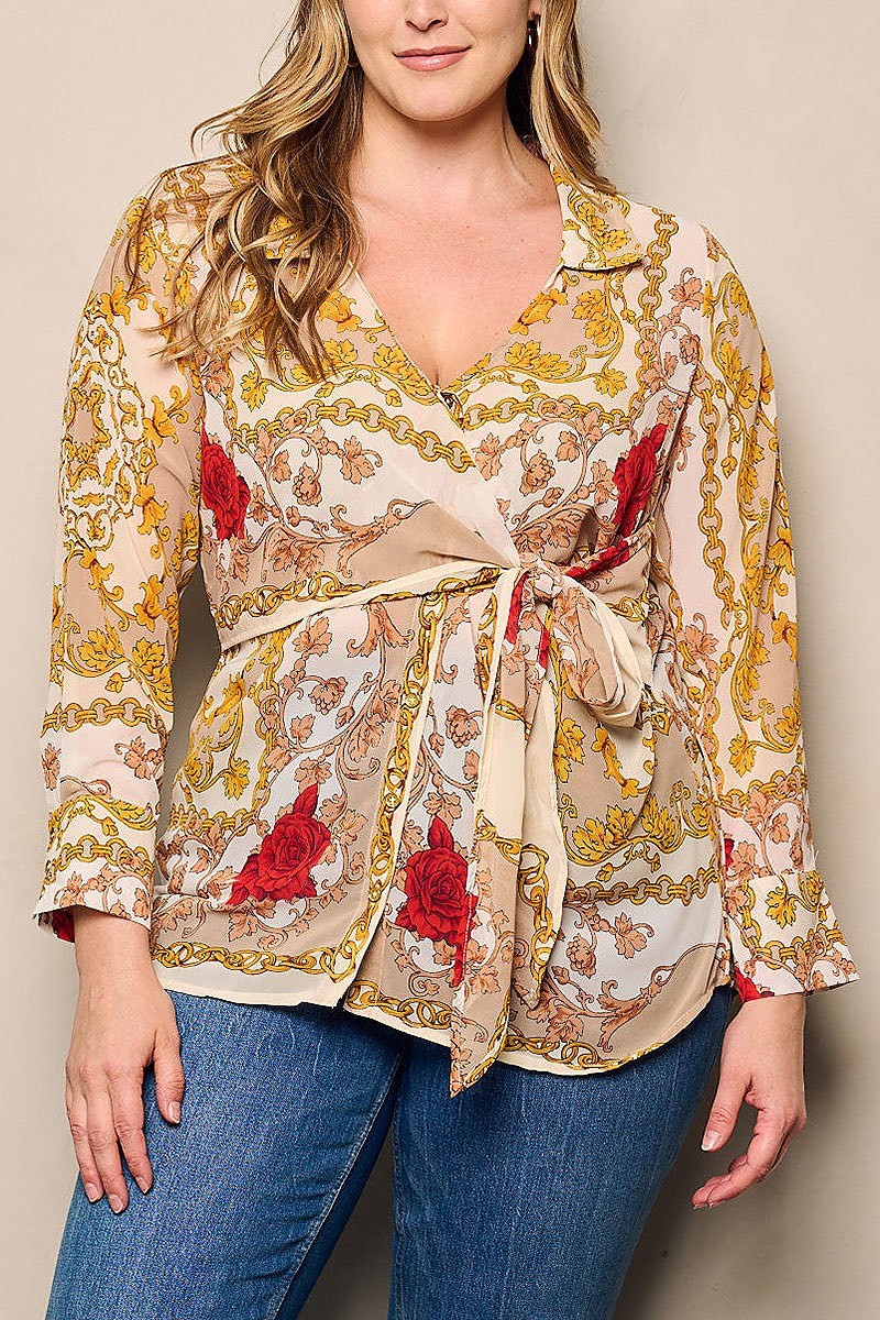 Long sleeve v-neck multi print wrap blouse top (EFWT4645)