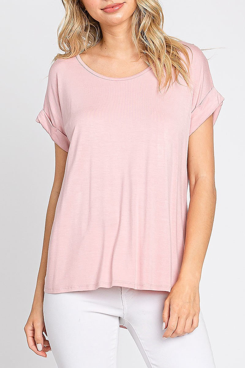 Round neck folded sleeve top (EF5824)