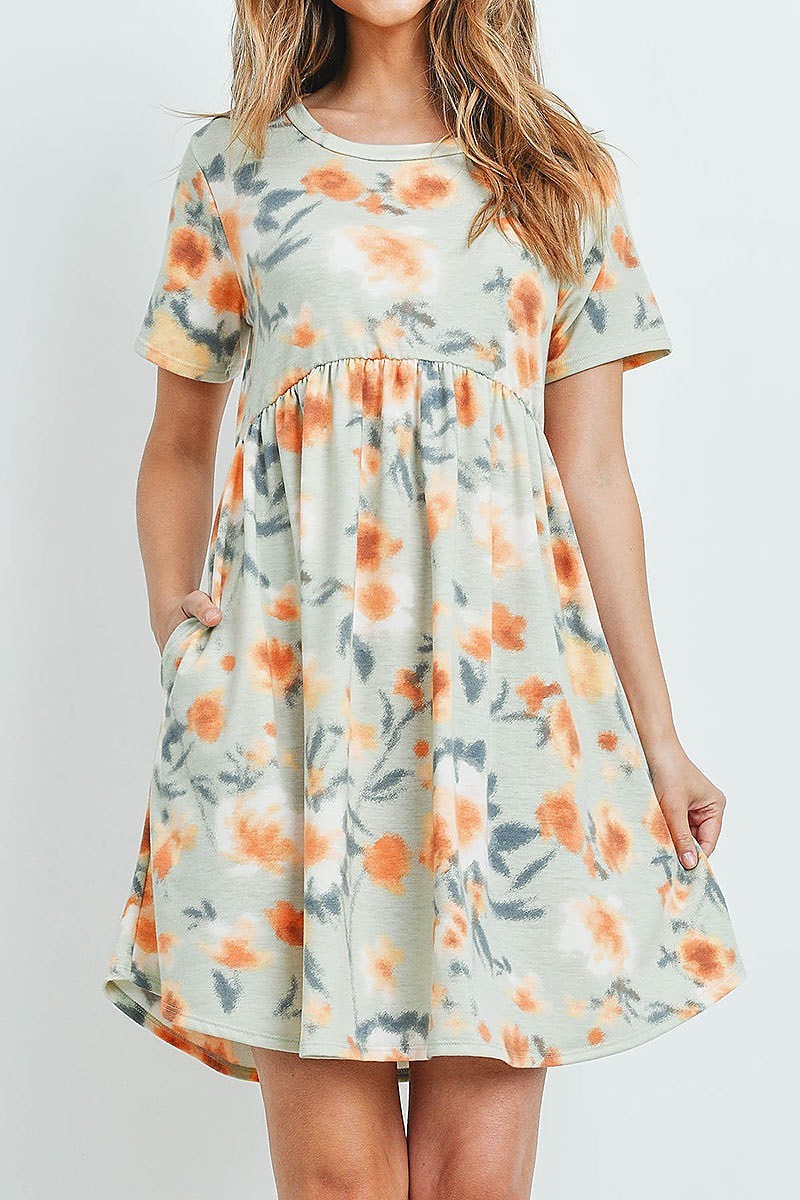 Painterly floral print short sleeves dress (DED6047)