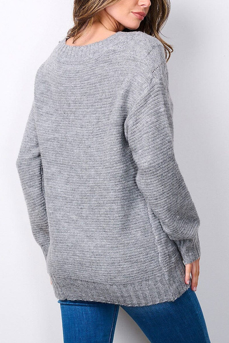 Long sleeve v-neck knitted sweater (EFWT7492)