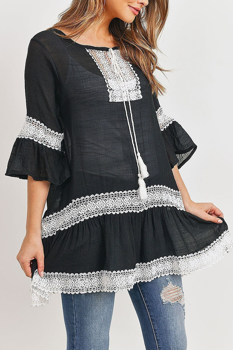 Lace trimmed bell sleeve tunic top (ED8548)