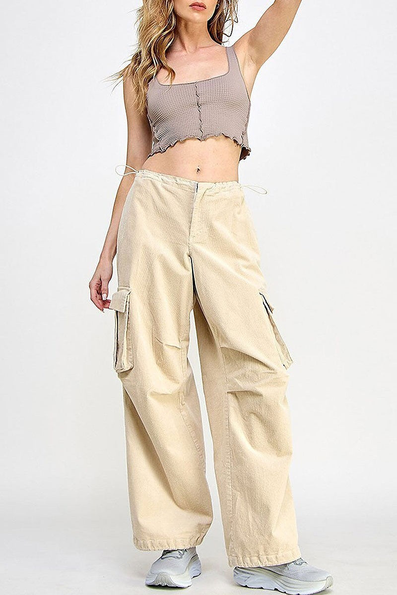 Zip up cargo pockets wide leg corduroy pants (EGWT2558)