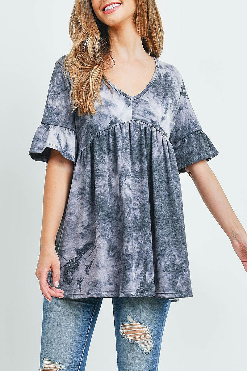 V neck ruffle sleeve tie dye top (ED9618)