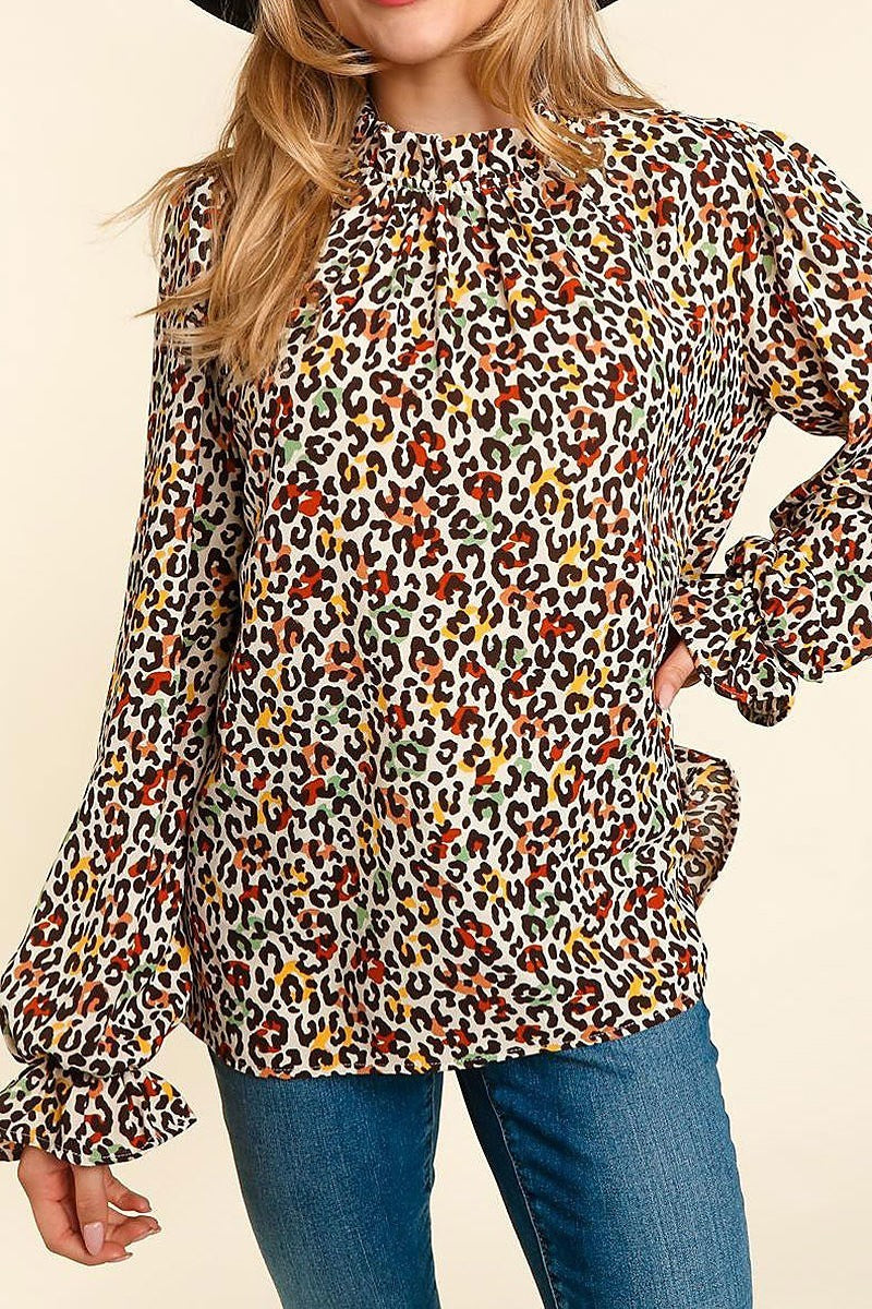 Frilled mock neck animal print button top (ETBM4030)