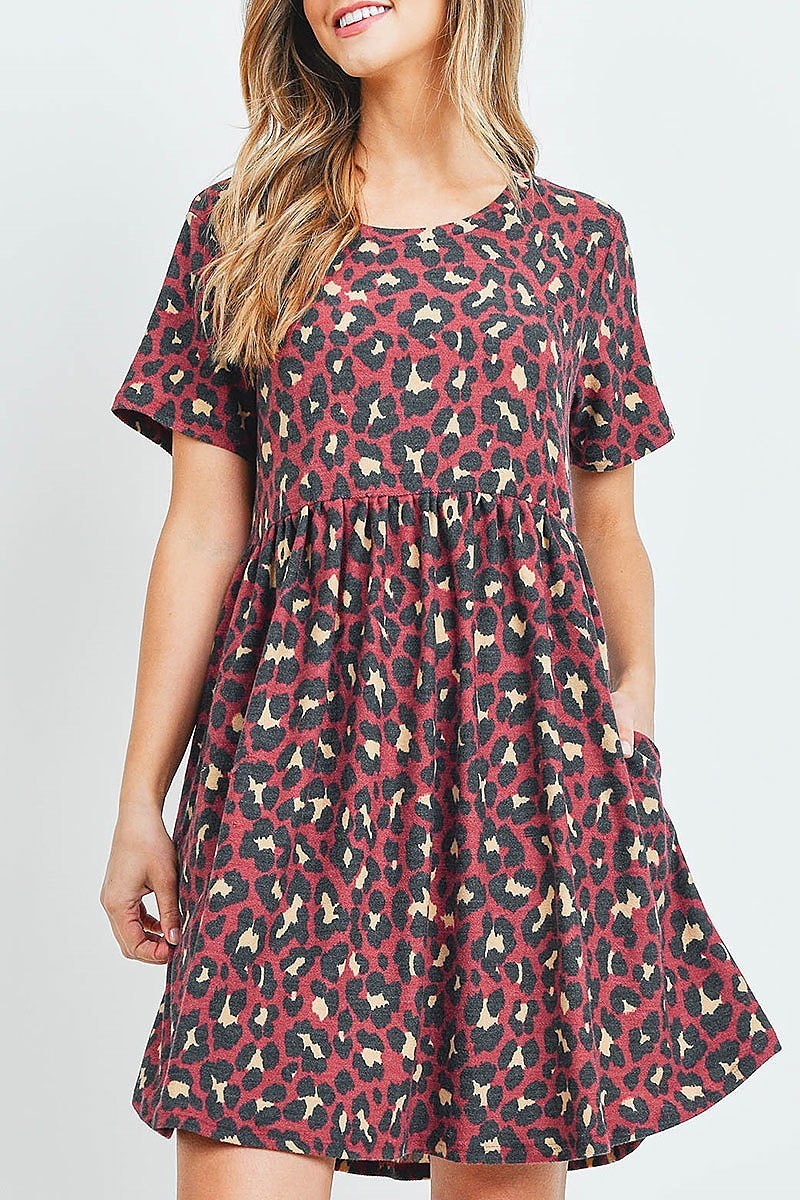 Cinch waist short sleeves on seam pocket leopard dress (DED6081)