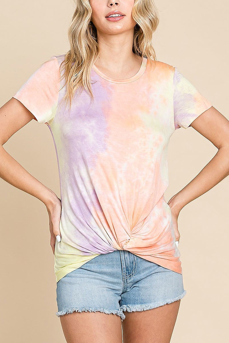 Round neck short sleeve tie dye t-shirt with front twist detail (EDH1286)