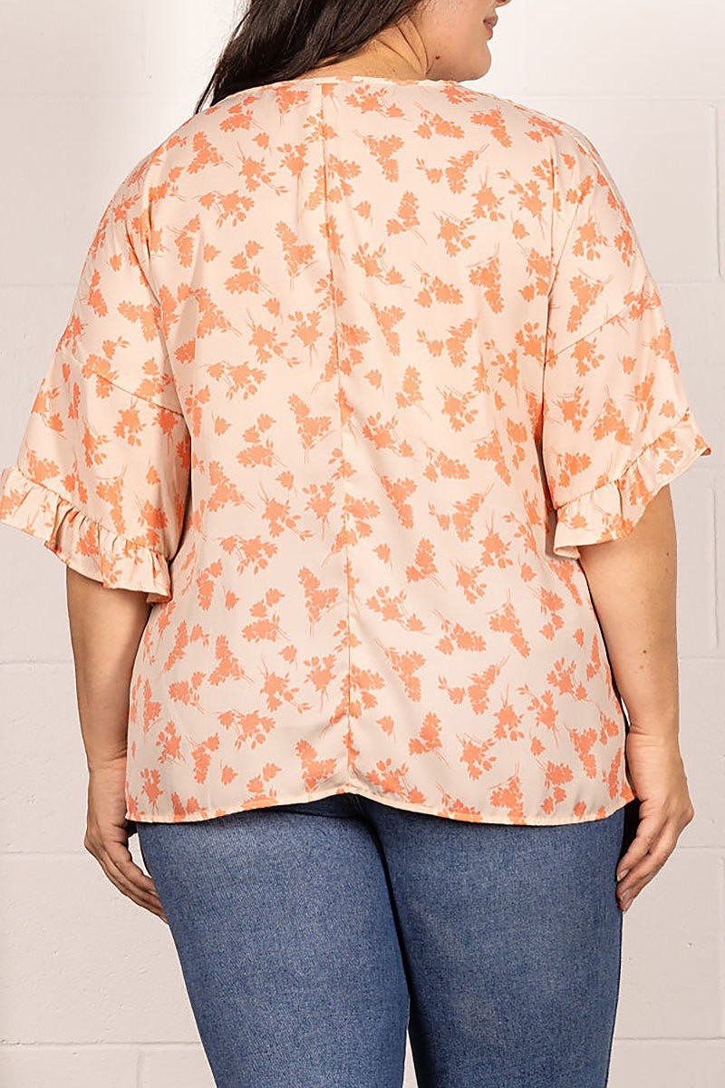 Floral print bell ruffled sleeves plus size top (EDSW4160)