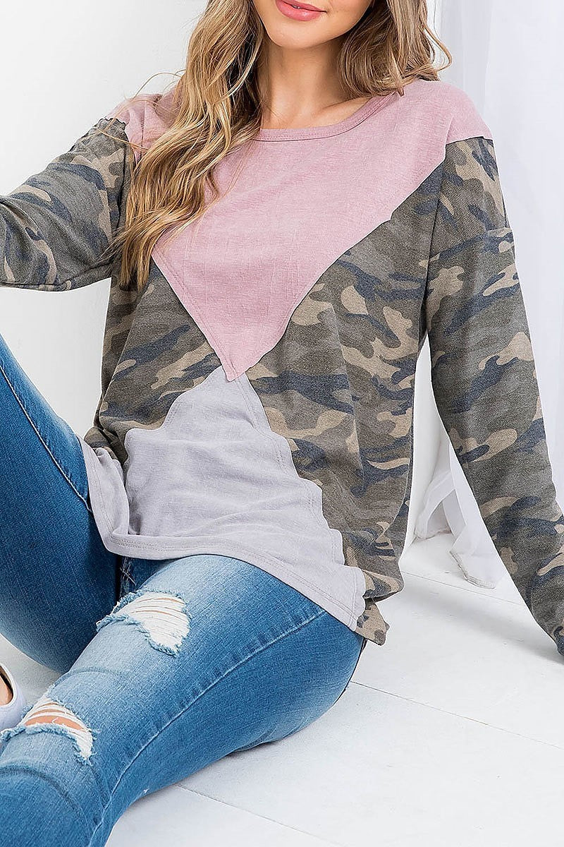 Camo print raw cut color block top (EF2438)