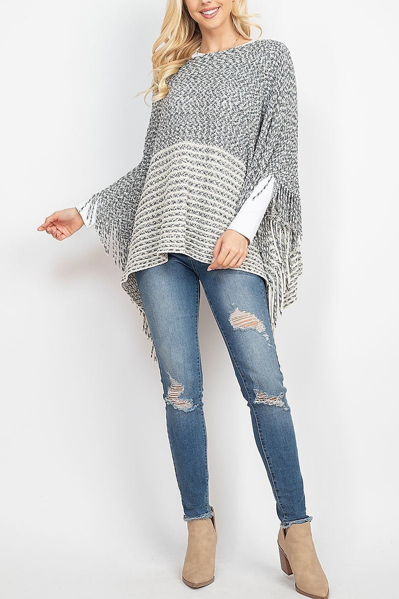 Knitted two tone striped fringe poncho (DGS5279)