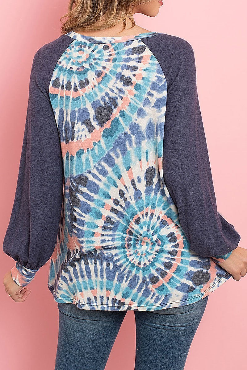 Solid puff sleeves tie dye raglan top (ED8398)