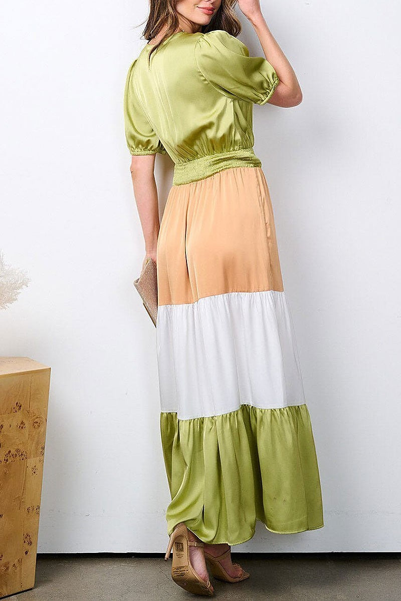 Surplice smock waist colorblock maxi dress (EFWT7326)