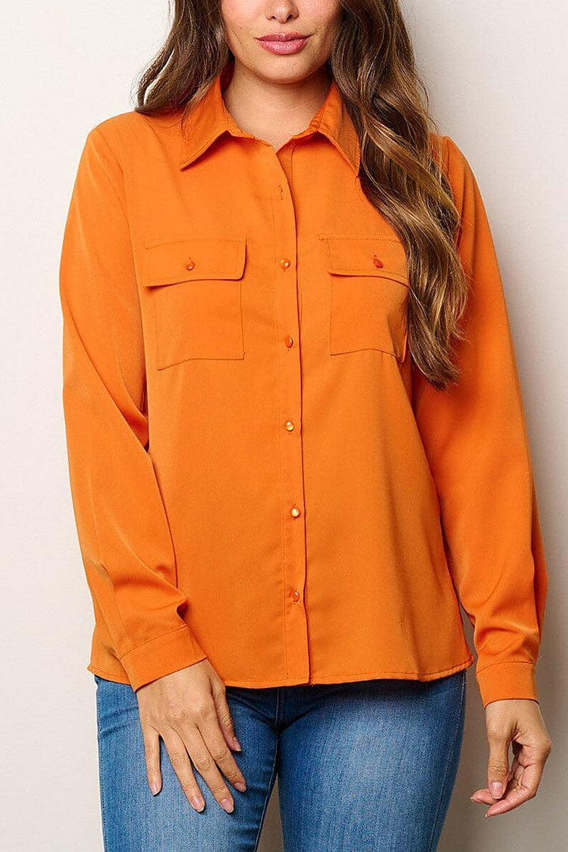 Long sleeve button up front pockets blouse top (EFWT8045)