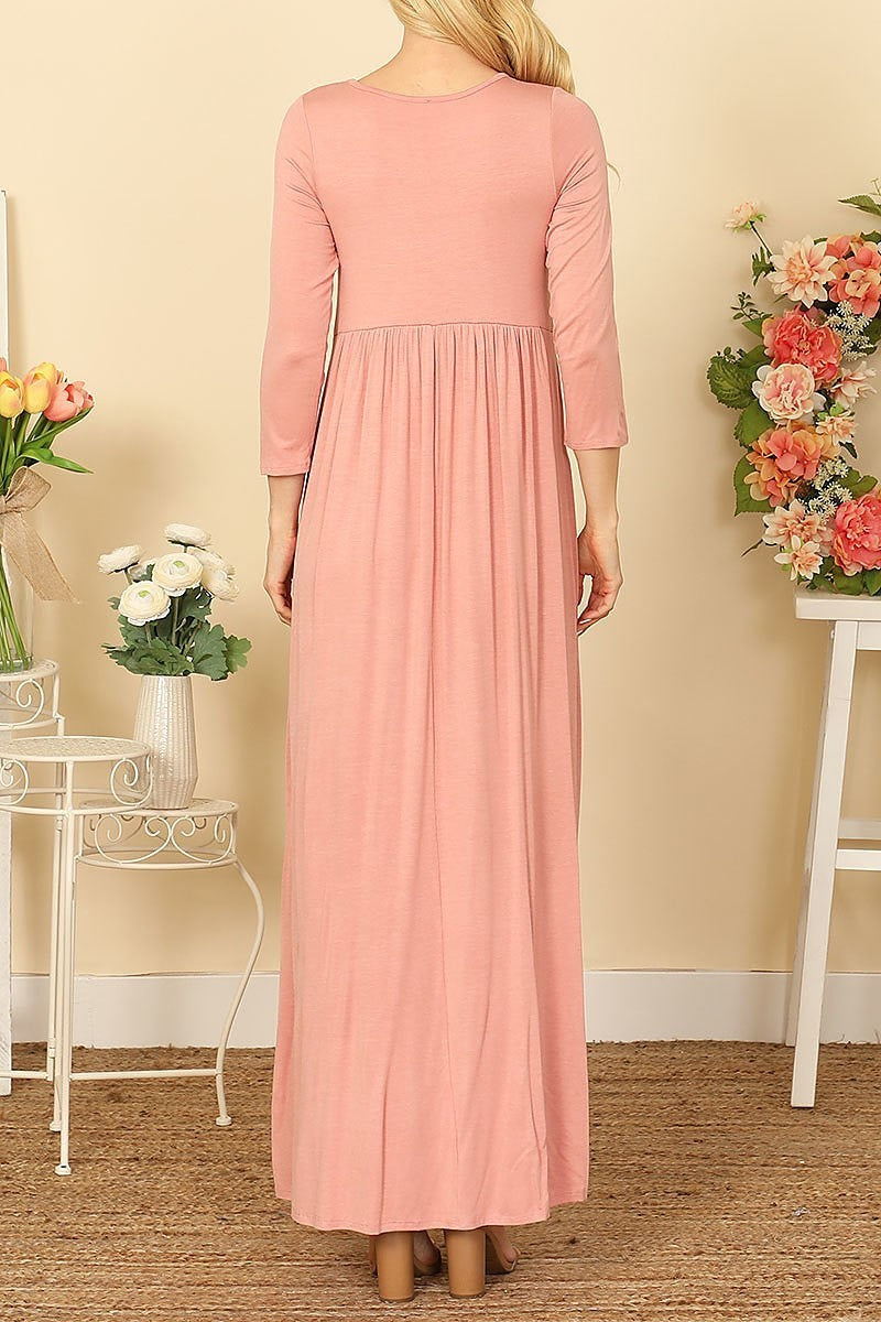 Quarter sleeve pleated waist solid maxi dress (DED9442)