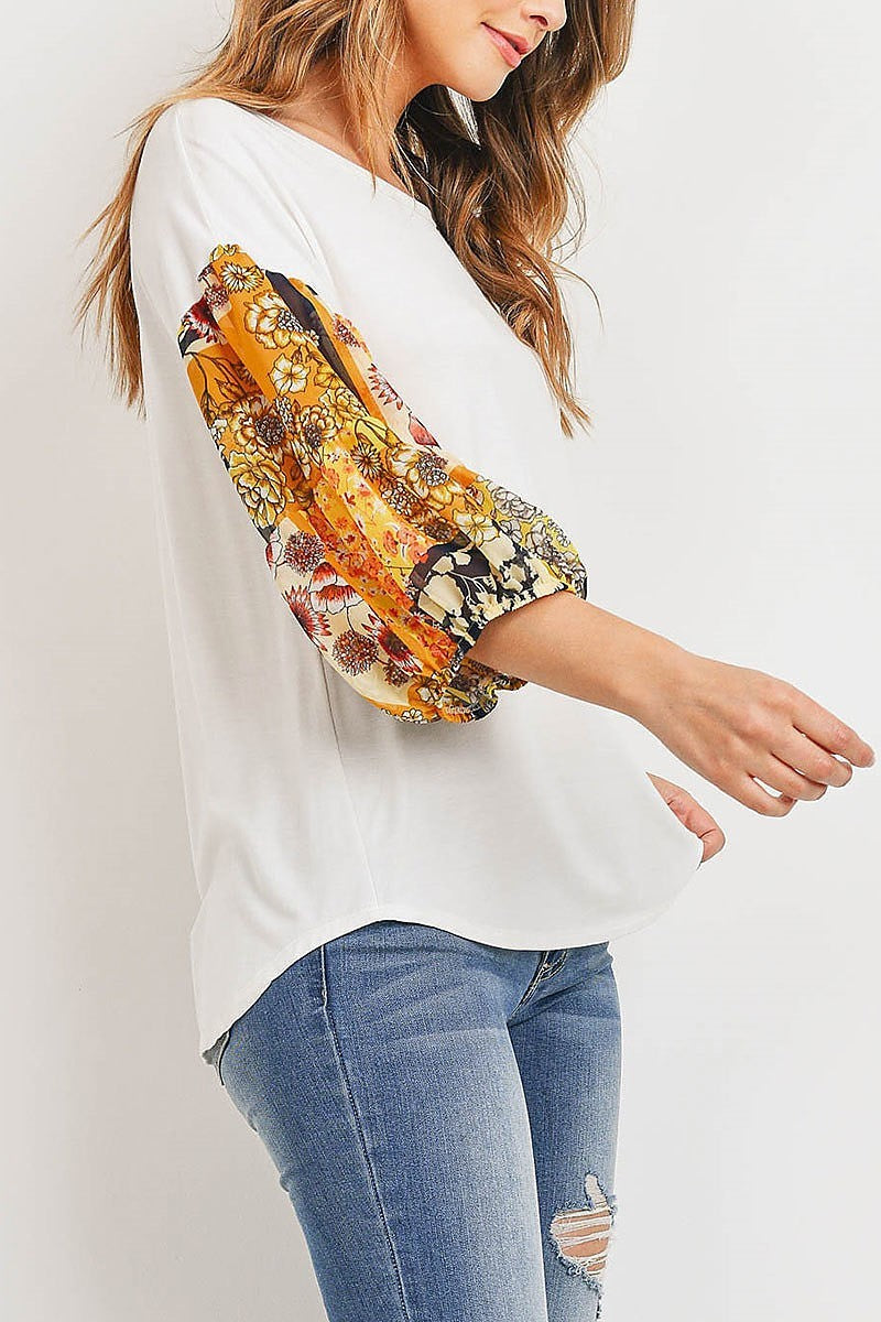 Floral print bubble sleeve color block top (ED8926)