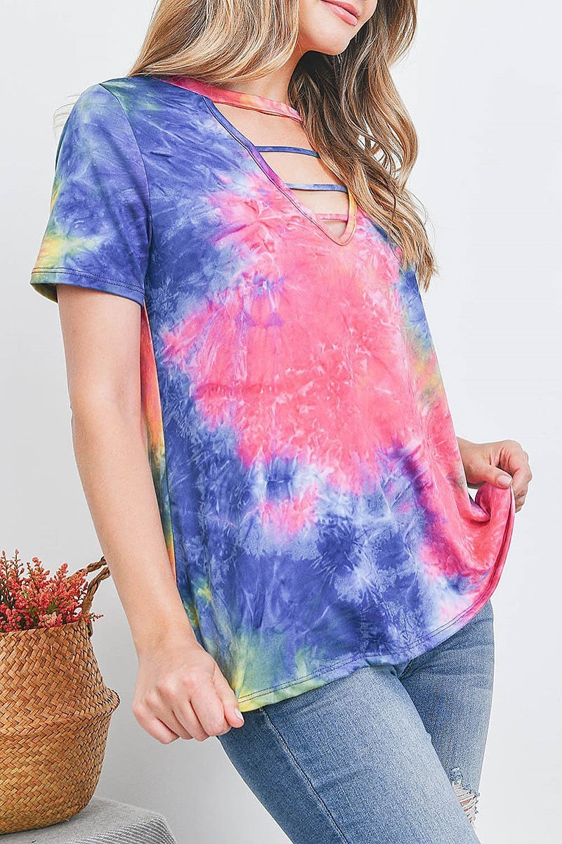 Tie dye keyhole v neck top (EF3242)