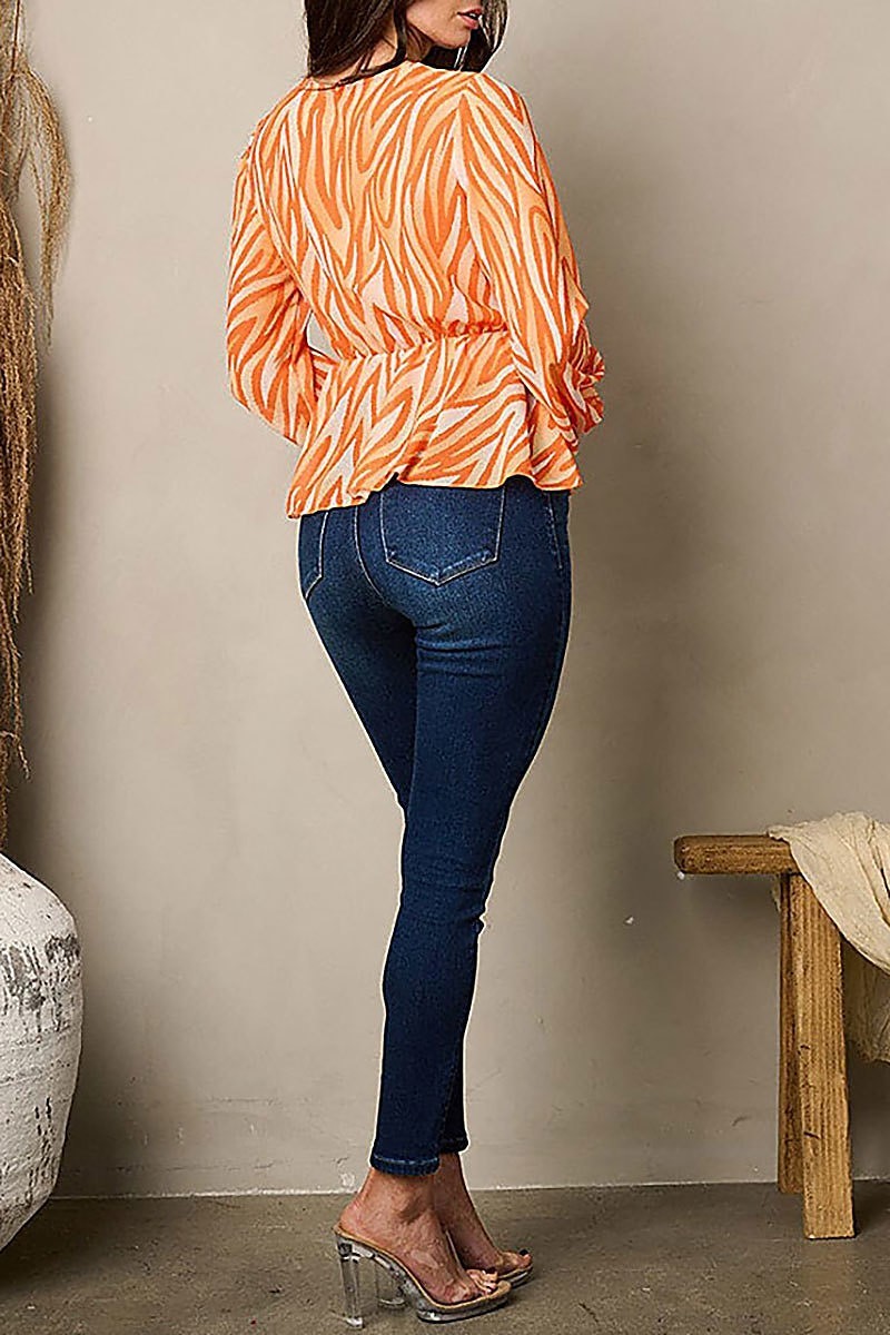 Long sleeve surplice self tie printed blouse top (EFWT1837)