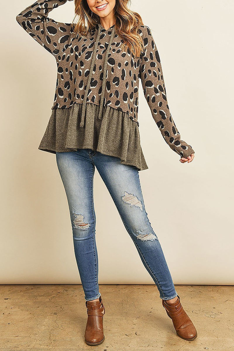 Leopard solid cinch ruffle hem hoodie with self tie (ED8321)