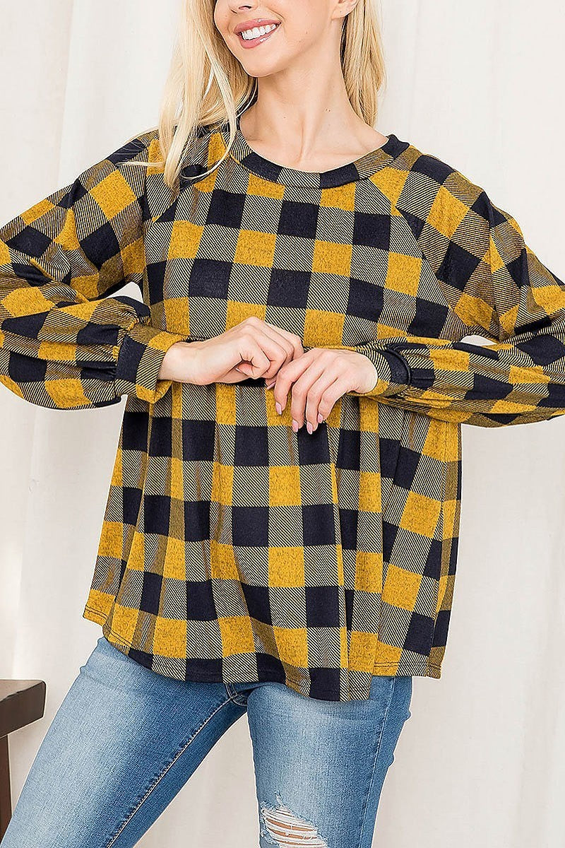 Puff sleeve plaid shirring top (EF2896)