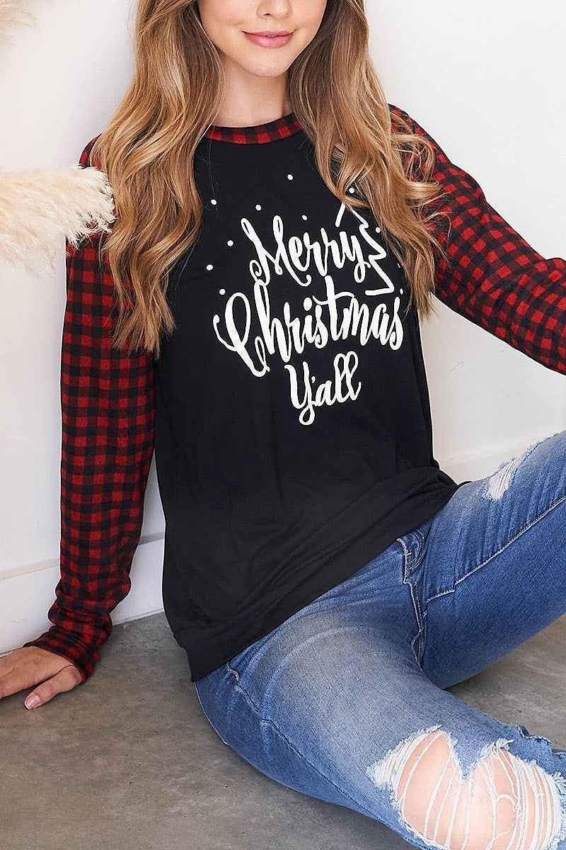 Plaid raglan merry christmas print top (EF2533)