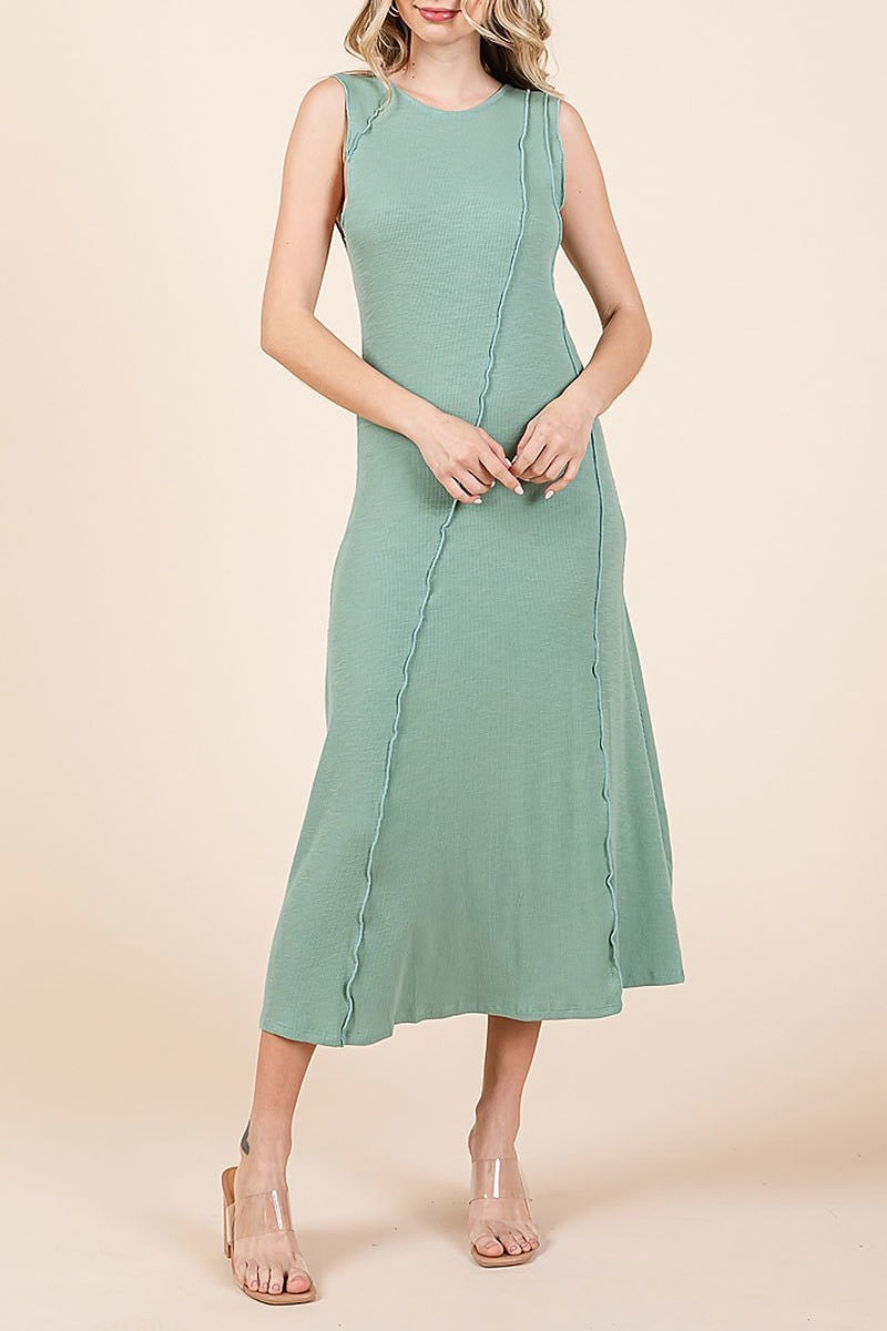 Solid sleeveless exposed seam rib knit midi dress (EDH2163)