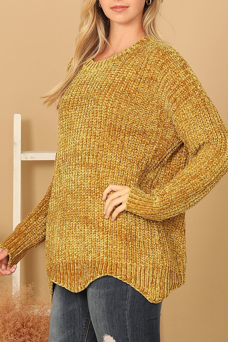 Round neck curved hem knit sweater (DGS6701-2)