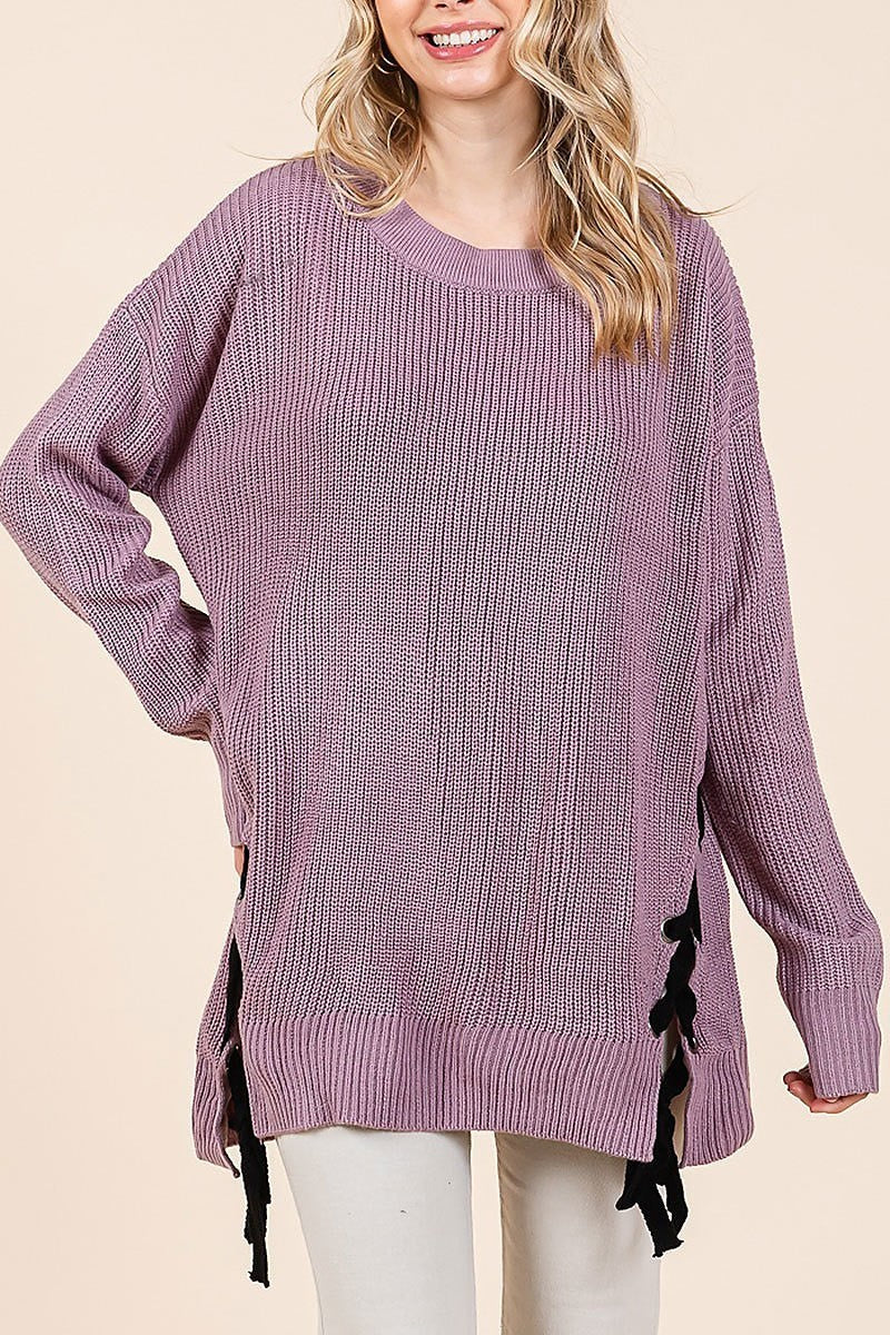 Crew neck drop shoulder sweater with lace up (EDH2127)