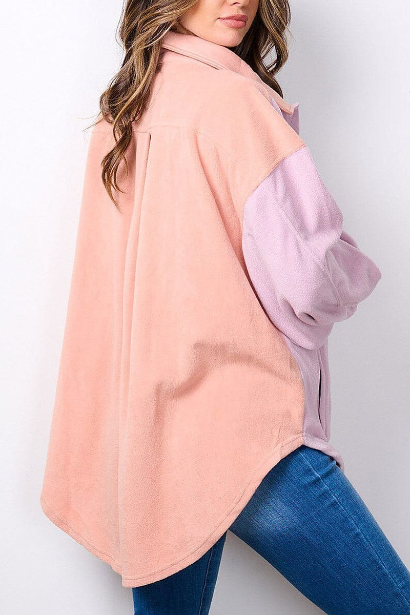 Long sleeve button up oversized colorblock top (EFWT7491)