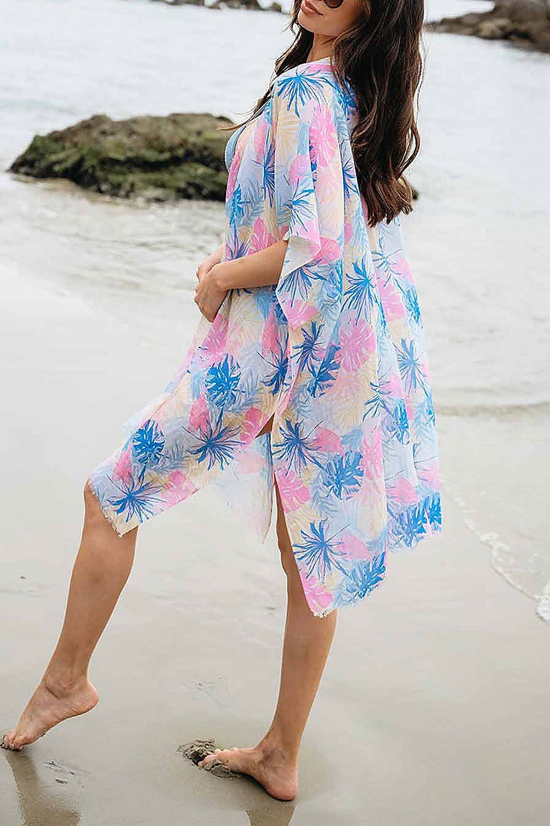 Short sleeve open front leaf print kimono (EGWT1037)