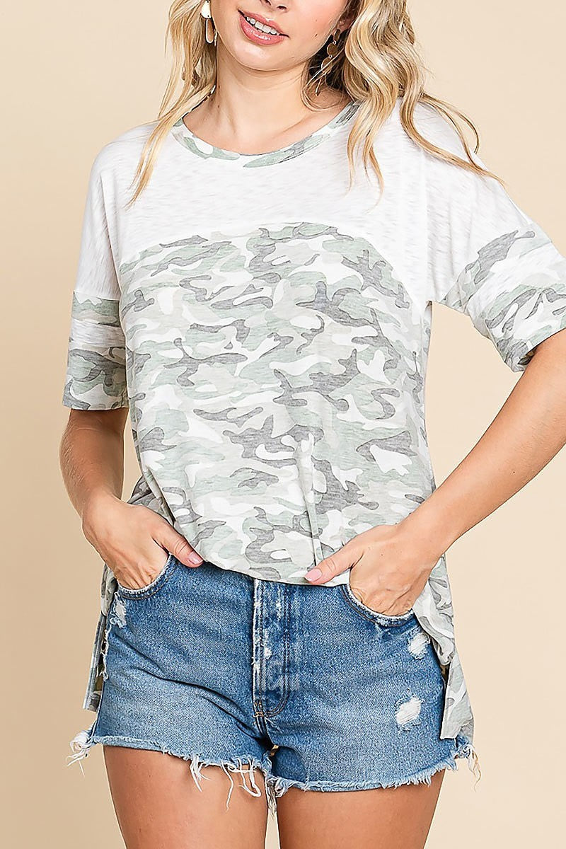 Reverse camo printed dolman sleeve football tee (EDH1414)