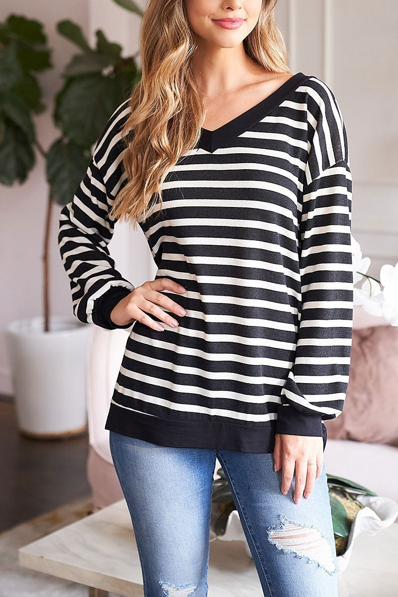 V neck long sleeve stripes top (EF7895)