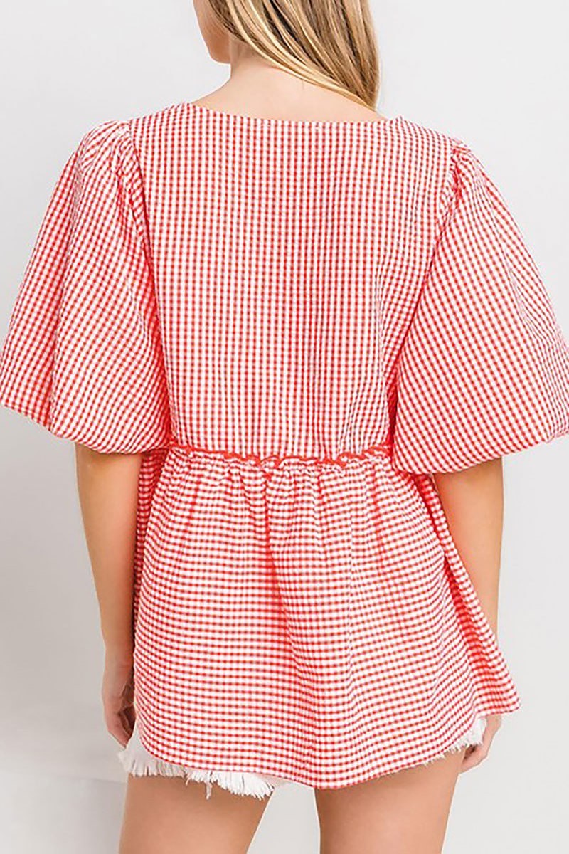 Gingham puff sleeves blouse top (EDSW4492)