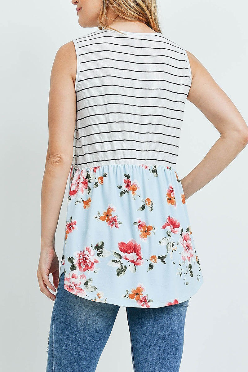 Pompom detail stripes floral contrast top (ED9772)