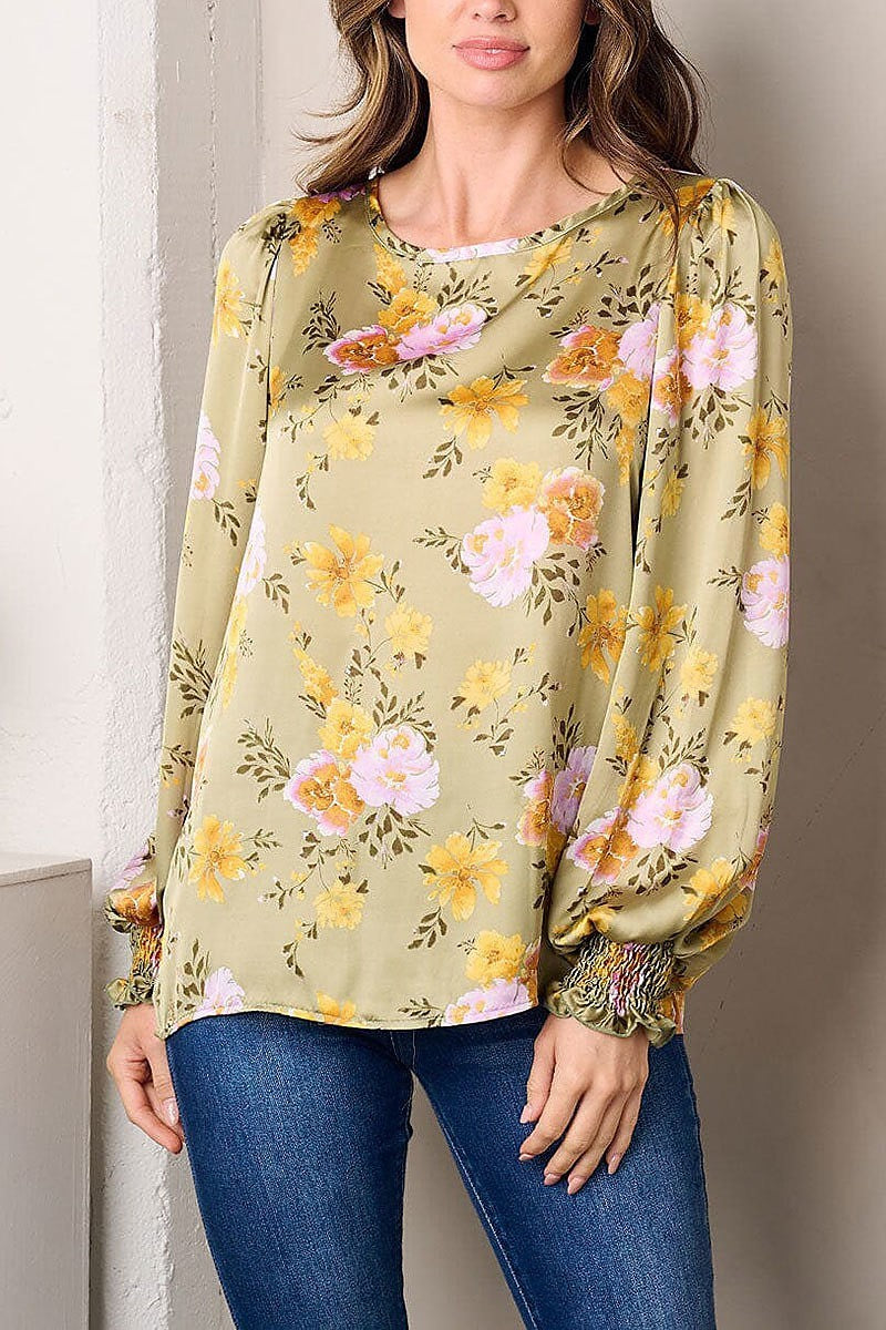 Long sleeve floral satin top (EFWT3001)