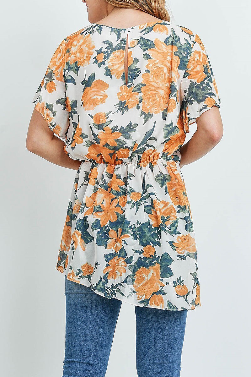 Flutter sleeve floral print pleated detail tunic top (ED9185)