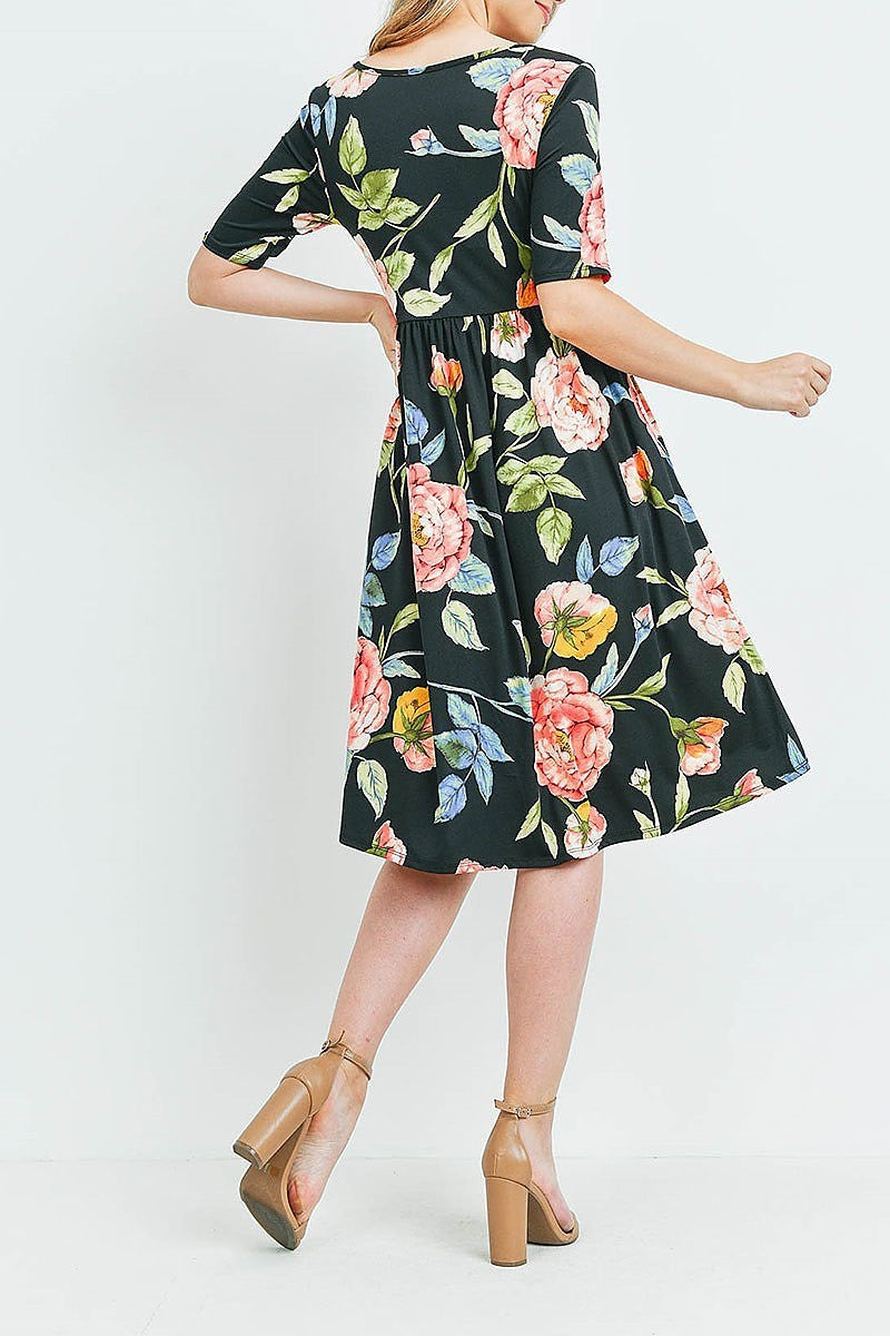 Empire waist floral print side pocket midi dress (DED6358)