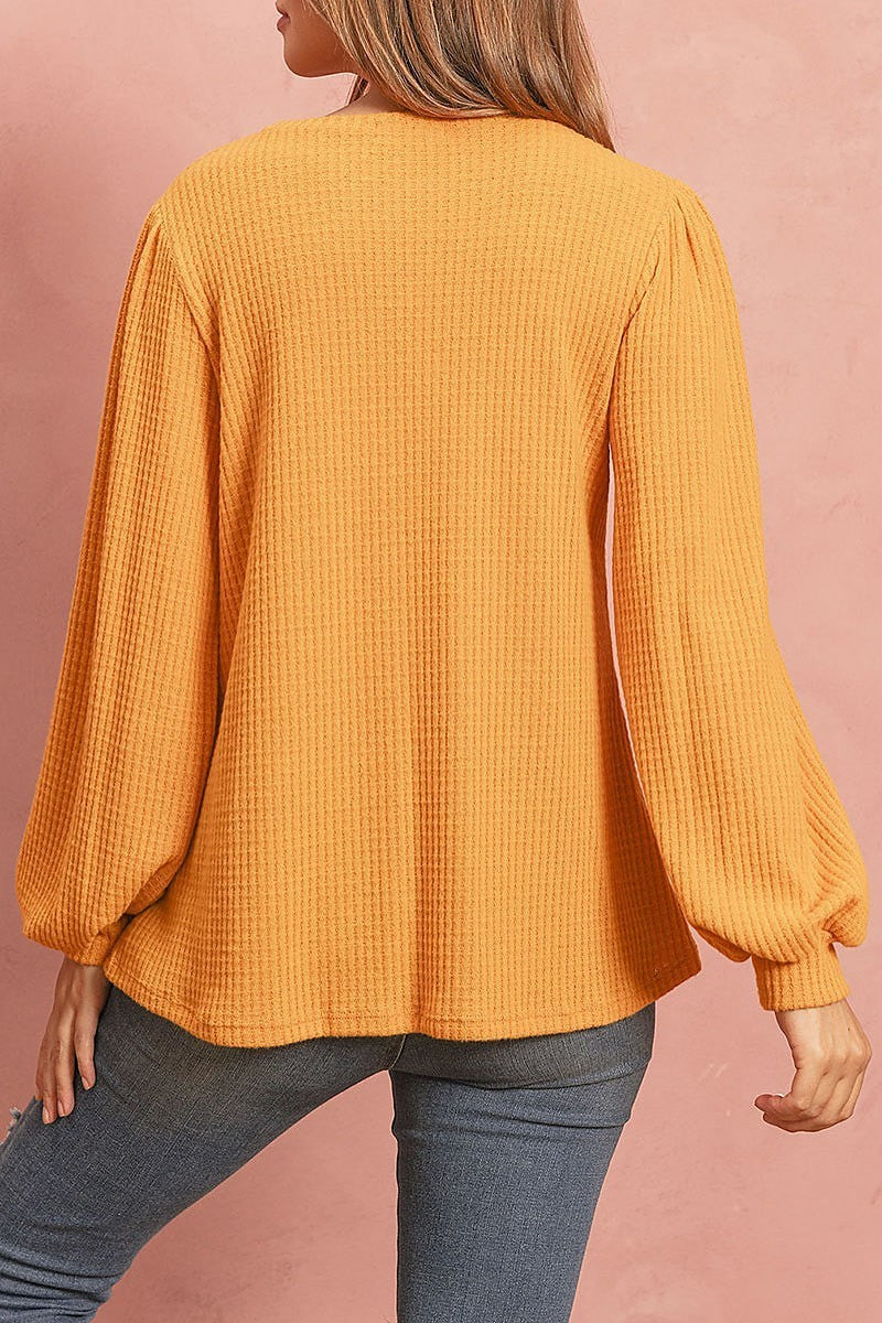 Long puff sleeve round neck waffle brushed loose fit top (ED8100-8)