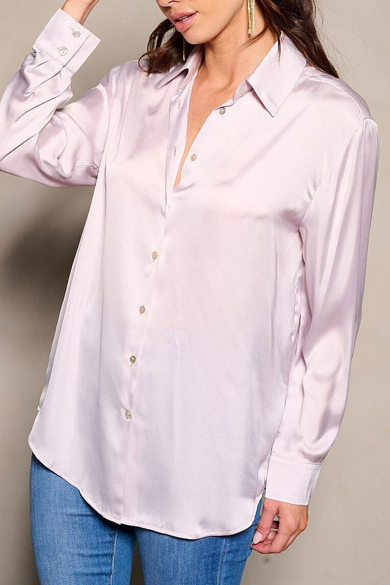 Long sleeve button closure satin blouse top (EGWT1451)