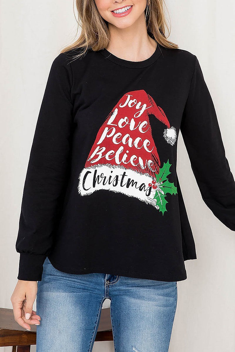 Santa hat print long sleeve top (EF2737)