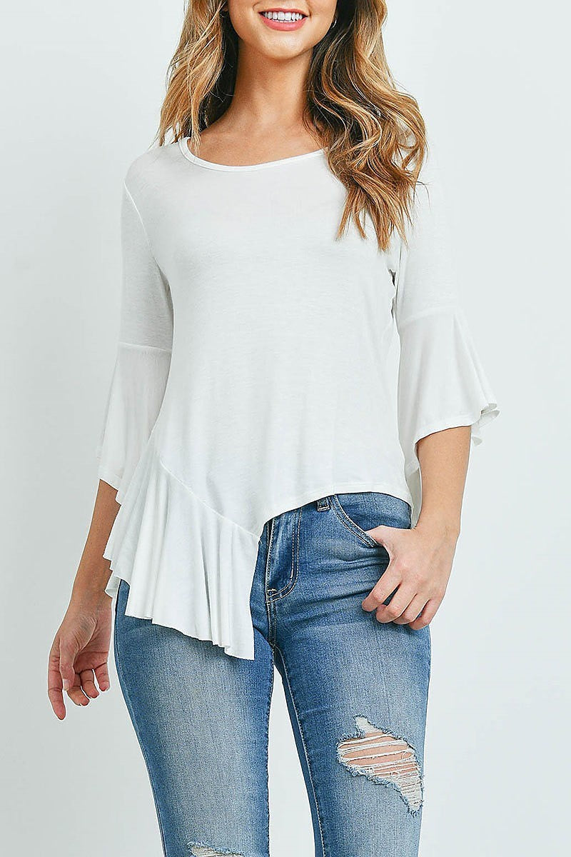 Asymmetrical ruffle detail bell sleeve top (ED9348)