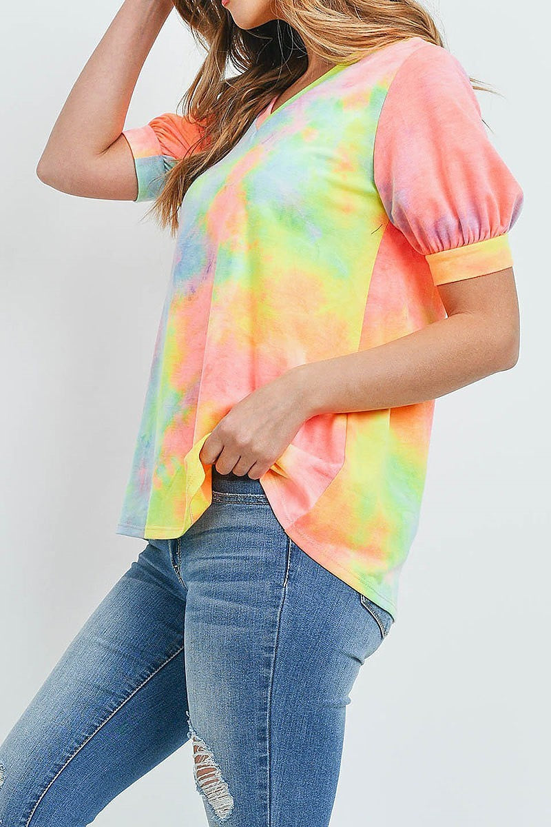 Puff sleeves v neck tie dye top (ED9163)