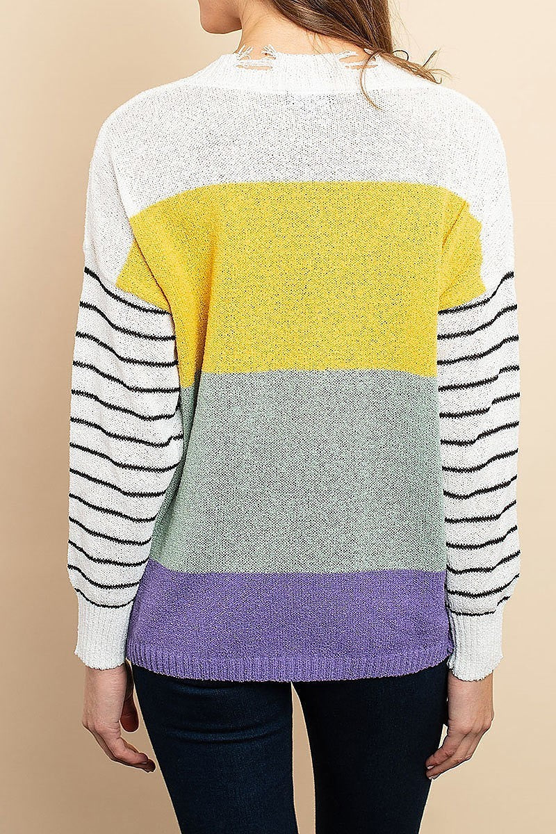 Distressed neck stripe color block sweater (DGS4973)