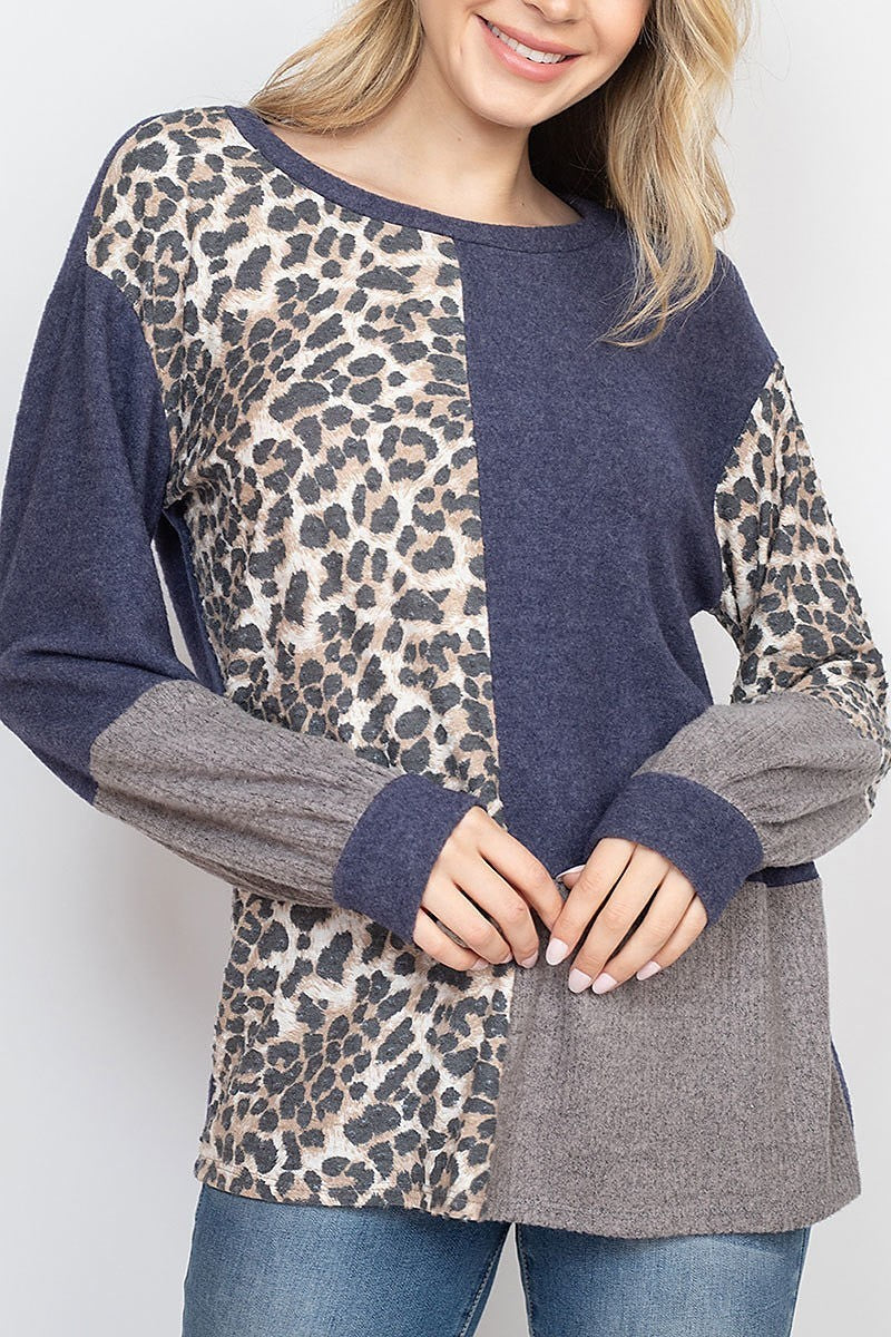 Long sleeve leopard contrast rib top (EF1967-1)