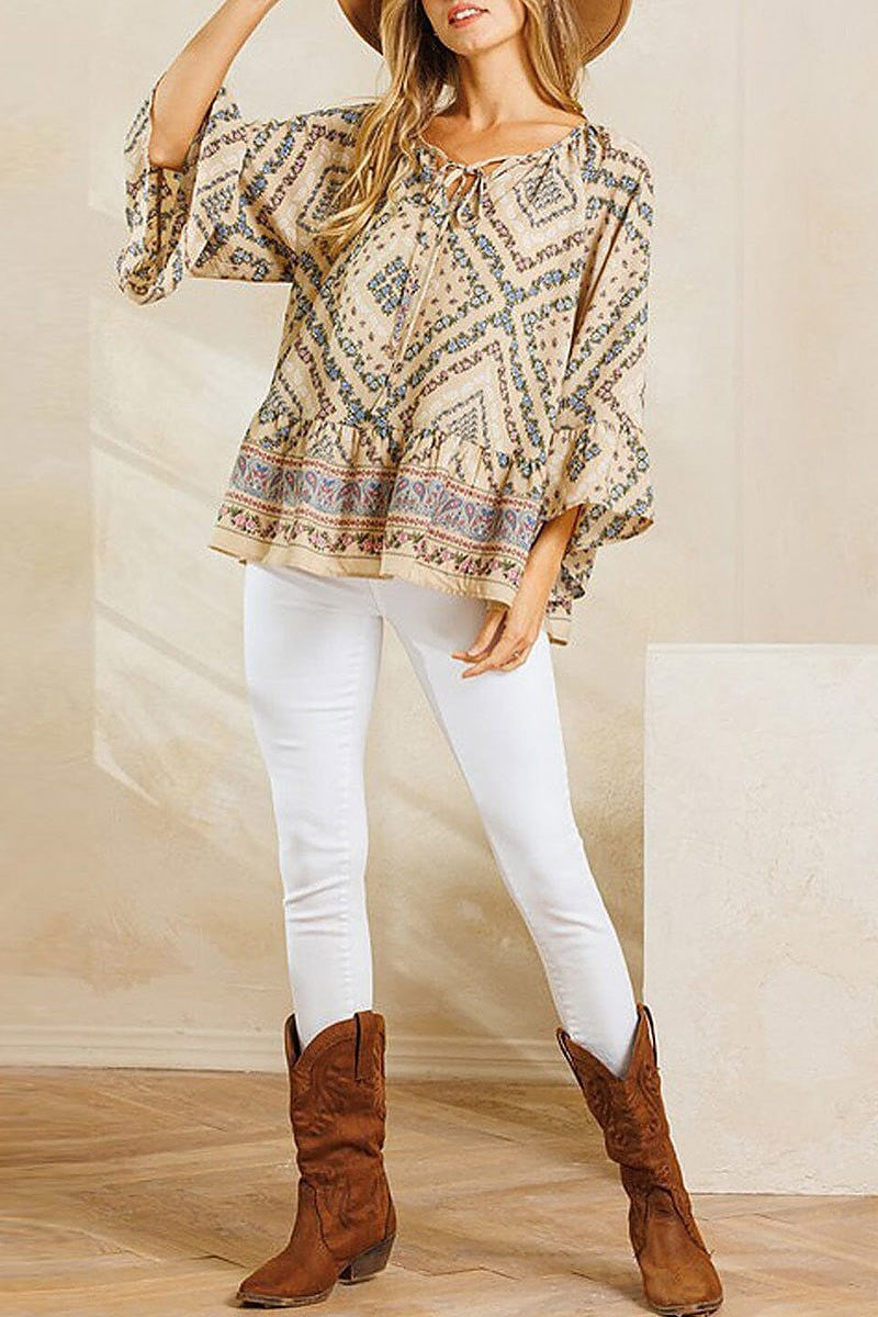 Long sleeve ruffle tunic multi print top (EDWT8502)